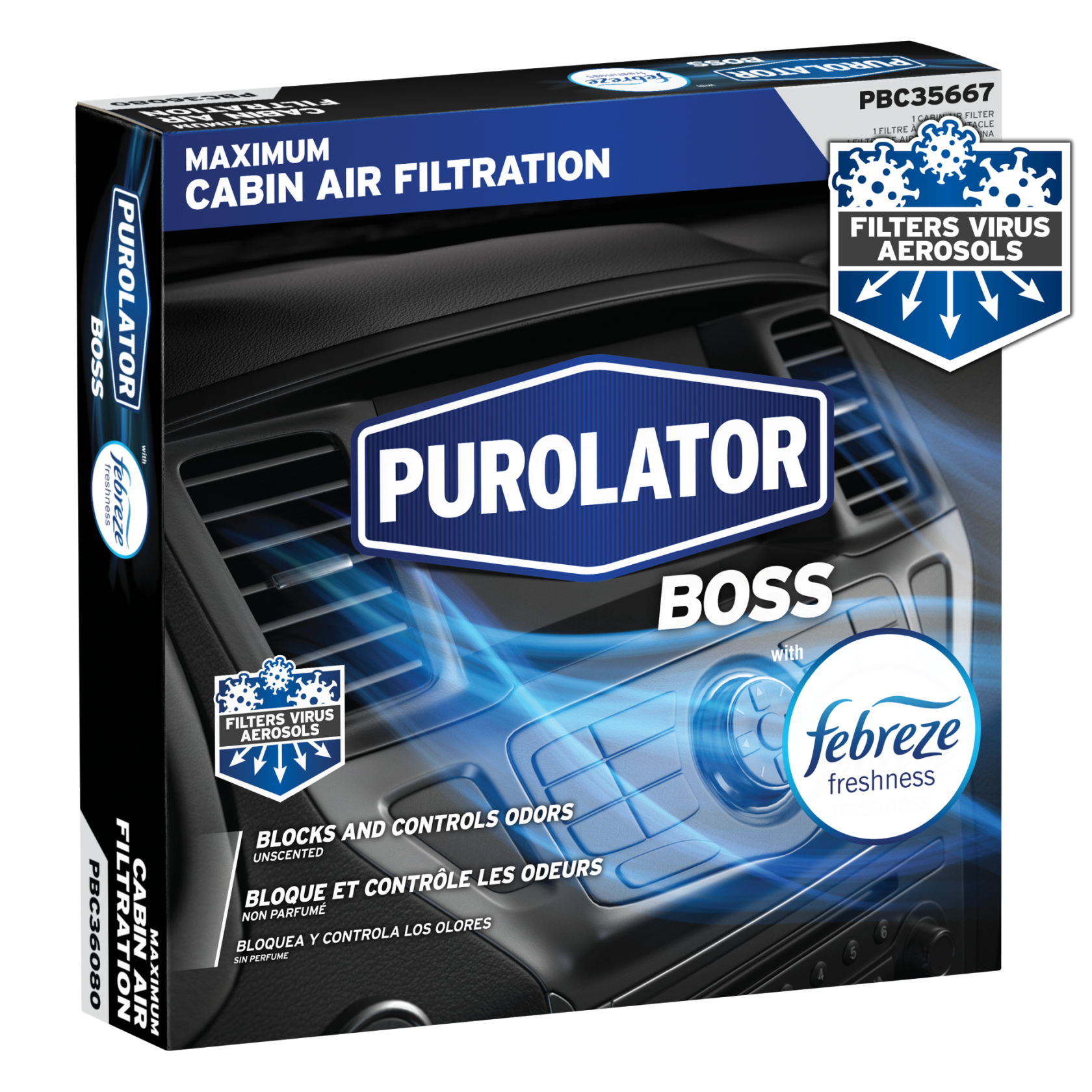 PurolatorBOSS® Maximum Cabin Air Filters with Febreze Freshness block and control harmful contaminants.